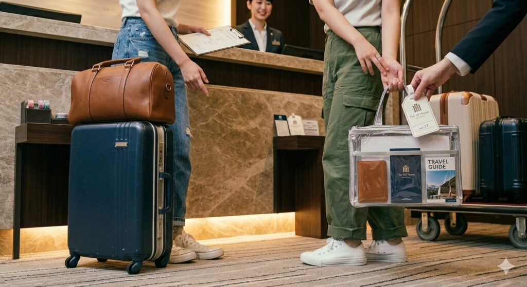 ホテルのフロントで荷物を預ける